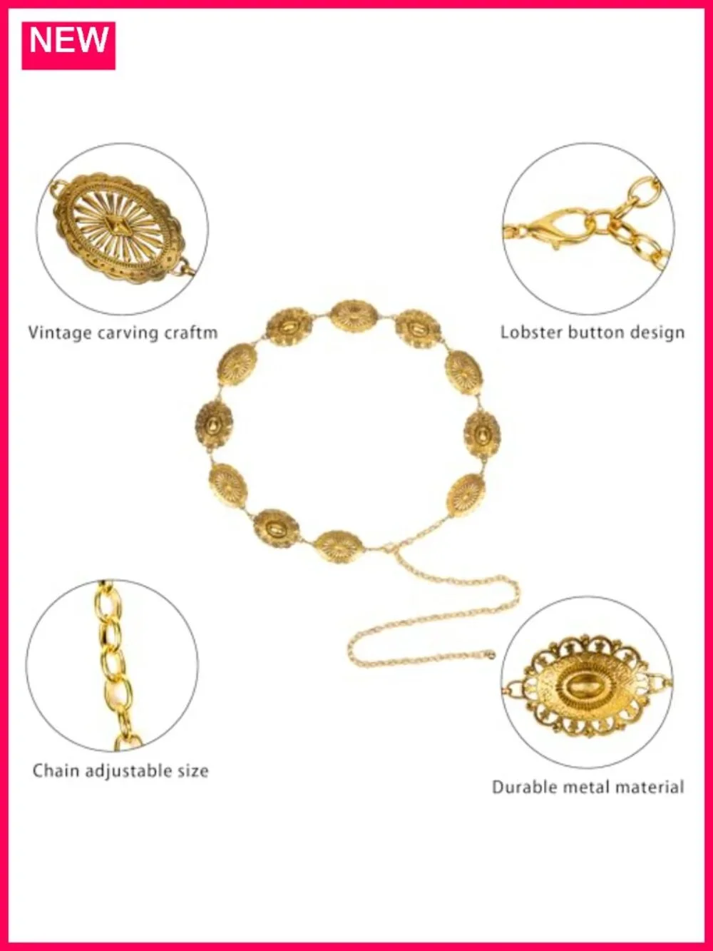 Gold Plated Metal Chain Belt with Conchos - Adjustable Western Waist Chain